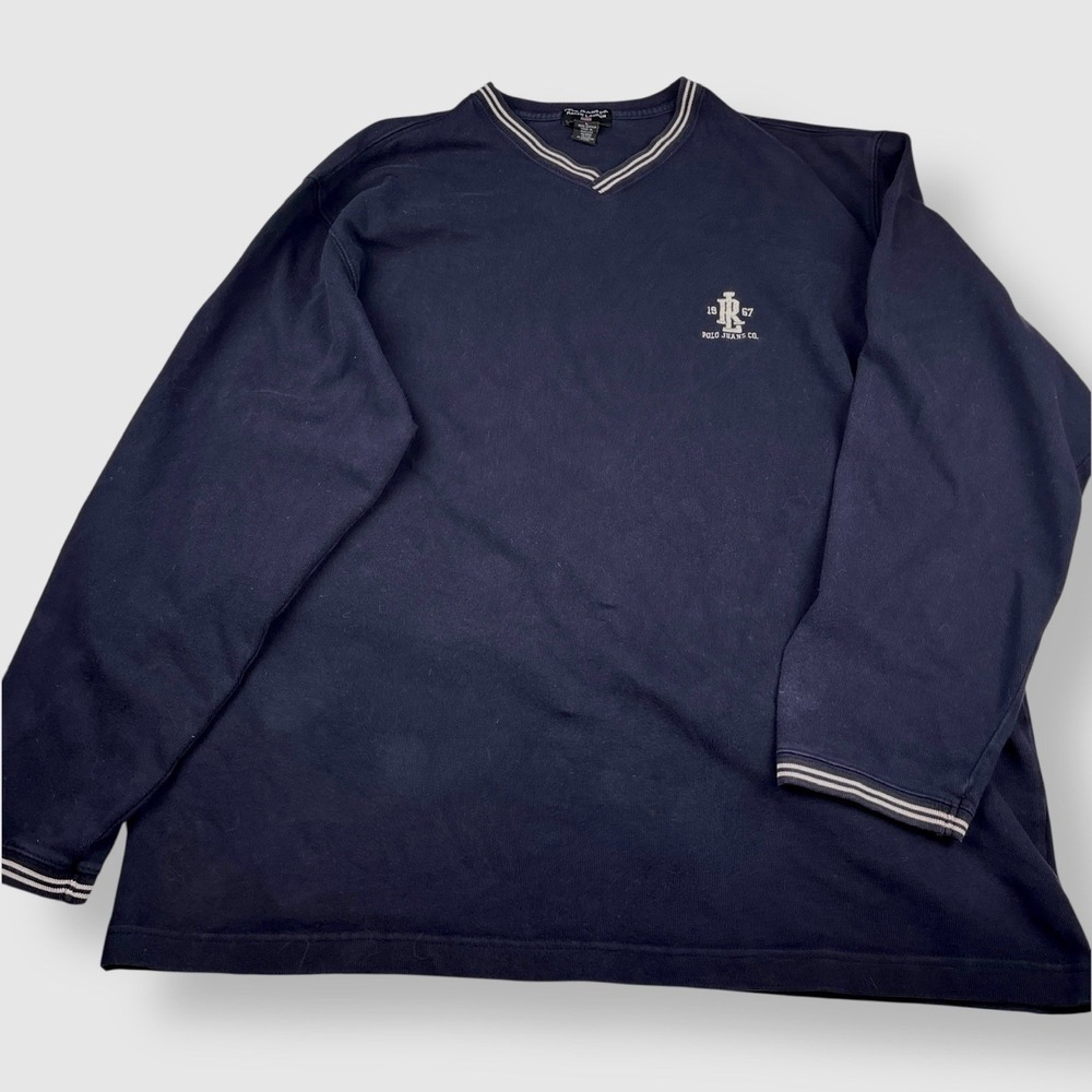 Vintage Polo Jeans Ralph Lauren Sweater Mens Large Pullover Blue VNeck Cotton